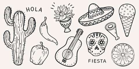 A collection of hand drawn mexican themed illustrations in black and white © Nasir