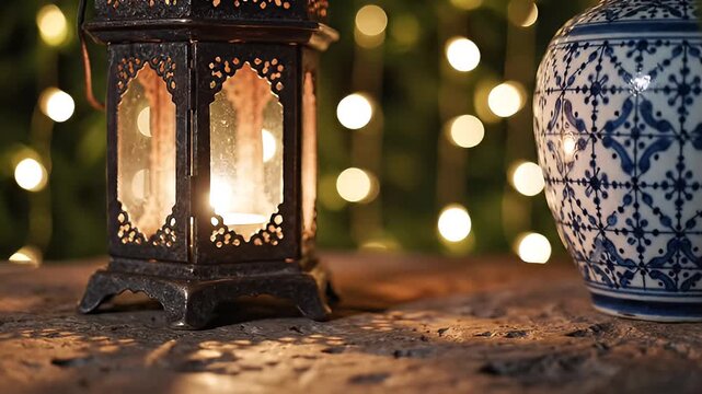 Close-up of an antique Moroccan lantern with a lit candle and a decorative blue and white vase