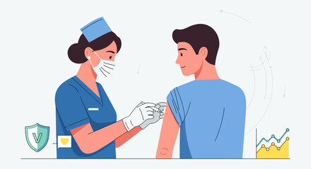 Fototapeta premium A nurse in a medical mask and uniform administers a vaccine injection to a man's arm, symbolizing health protection and medical care.