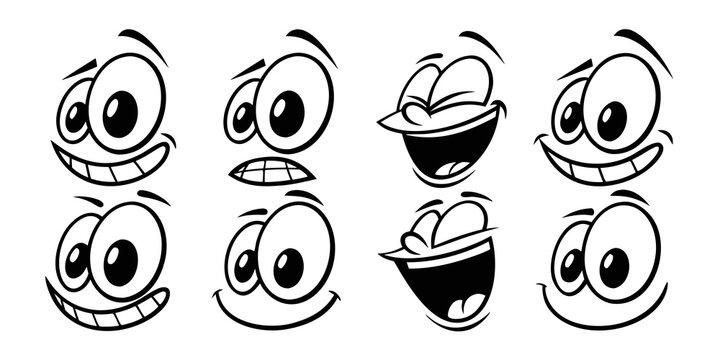 A collection of eight expressive cartoon faces with various emotions and facial expressions