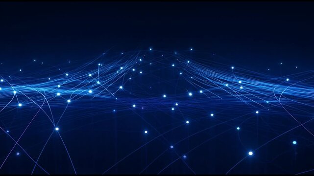 A mesmerizing digital landscape with glowing nodes and connecting lines on a dark blue background