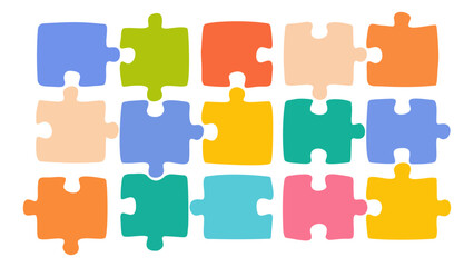 Naklejka premium Colorful jigsaw puzzle pieces vector illustration. Set of flat puzzle icons for business and education