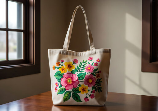 Beautiful floral tote bag on wooden table by window  shopping bag