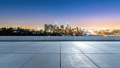 Obraz premium Night cityscape view from tile roof. Glowing skyscrapers against dark sky, illuminated sprawl