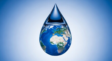 Obraz premium Earth globe inside water drop shape on blue gradient background symbolizing conservation and ecology