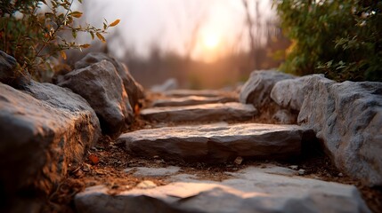 Stone steps ascend into a misty forest bathed in warm sunrise light