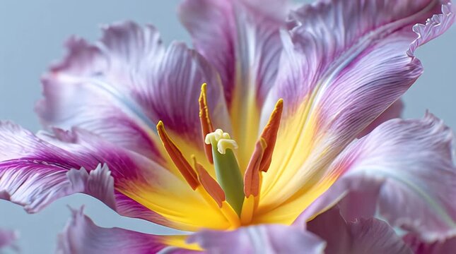 A close-up view of a blooming flower with ruffled petals. The center features bright yellow and reddish-brown structures. Colors range from purple to yellow