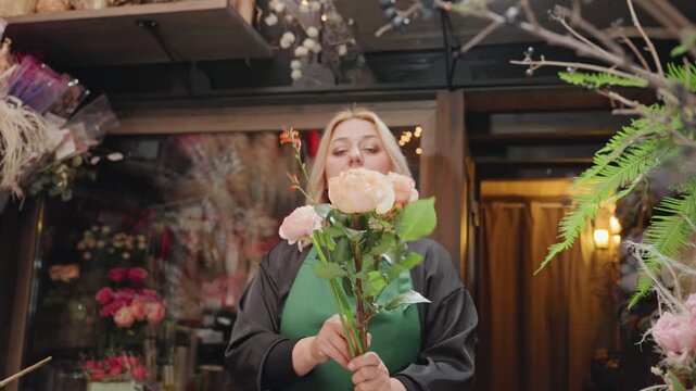 Caucasian florist trimming stems in shop, swift precise movements with shears preparing fresh roses and greenery for seasonal display, energetic workflow and retail backdrop, natural ambient light