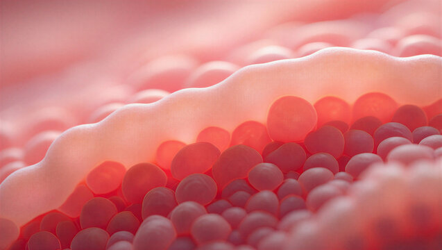 Closeup view of microscopic cellular structures with round pink globules and wavy organic formations