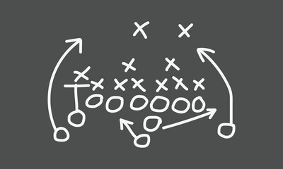 Hand-drawn chalk diagram illustrating an offensive football play with player positions and strategic movements clearly outlined on a dark background.