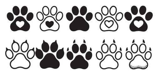 Fototapeta premium Black animal paw prints silhouette set isolated on white background. vector illustration eps 10