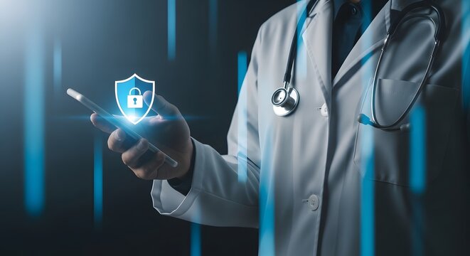 Doctor holding smartphone displaying digital shield icon with padlock, representing healthcare data security and patient privacy protection concept
