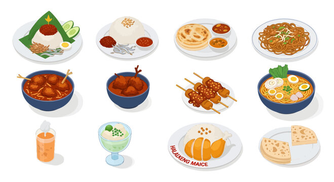 Malaysian Food Collection: Isometric Illustration of Nasi Lemak, Satay, Roti Canai, and Traditional Asian Cuisine Set