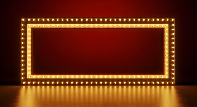 Retro theater marquee sign with glowing light bulbs around empty rectangular frame on dark red background for cinema or stage performance