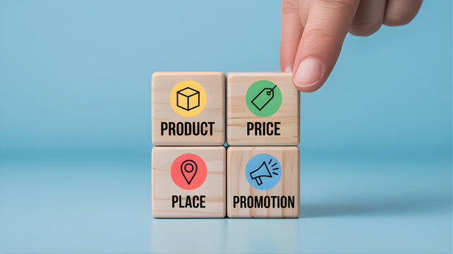 Marketing Mix Strategy Hand Arranging Wooden Blocks Representing the 4 Ps for Business Growth