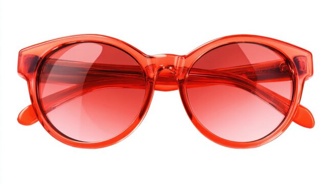 Pair of red sunglasses with a pink tint. The sunglasses are circular in shape and have a reflective surface