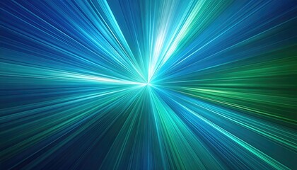 Radial light beams burst outward from a central point, showcasing teal, blue, and green hues in an energetic display