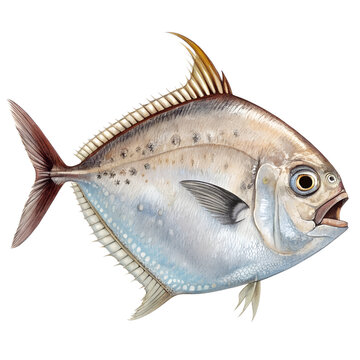 Detailed scientific illustration of a silver moonfish on a white background