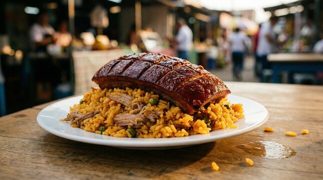 Crispy Colombian Lechona Roasted Pig with Rice and Peas