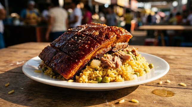 Crispy Colombian Lechona Roasted Pig with Rice and Peas