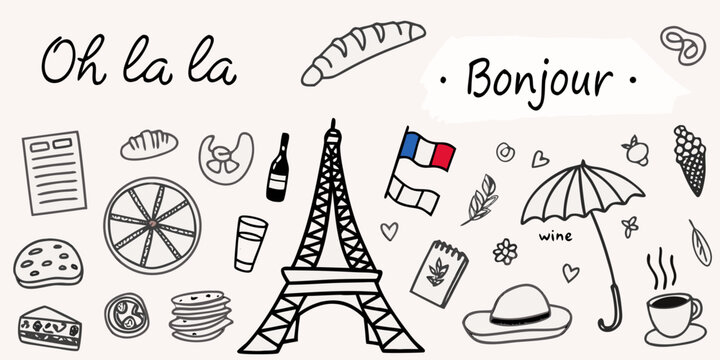Parisian themed doodles with french text and iconic landmarks