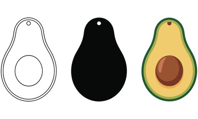 Avocado illustrations showcasing various design styles from outline to detailed color representation of a halved fruit with a pit.