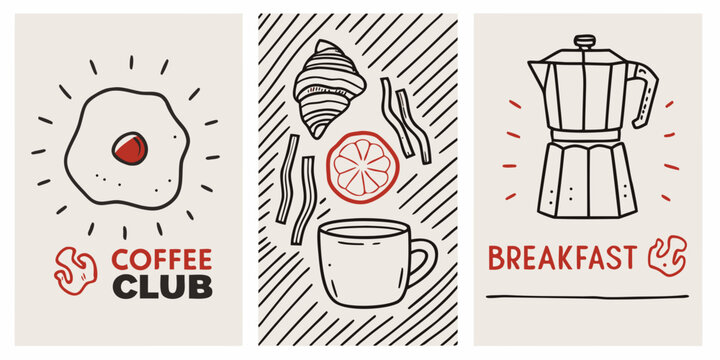 A charming triptych of breakfast items eggs coffee and a stovetop espresso maker