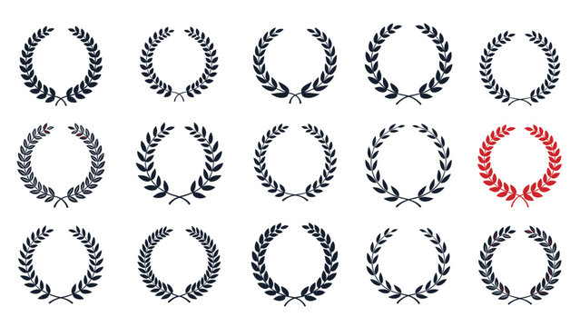 Extensive set of fifteen different laurel wreath designs in black and red used as symbols for victory achievement and excellence.