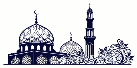 Intricate sketch of a mosque with domes and minarets surrounded by trees © Mamun