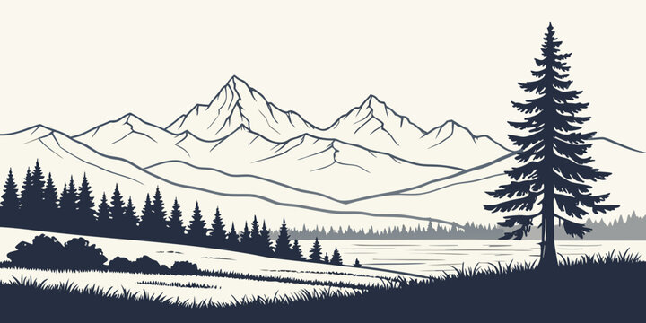Majestic mountain landscape with a single pine tree in the foreground