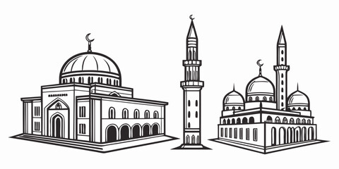 Detailed illustration of two mosques with minarets and domes © Mamun