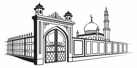 Intricate architectural design of a mosque with a large dome and minarets © Mamun