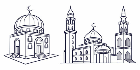 Intricate architectural drawings of various styles of mosques with domes and minarets © Mamun