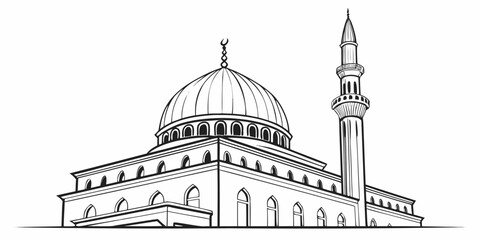 A detailed black and white illustration of a mosque with a dome and minaret. © Mamun