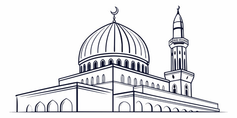 Intricate line drawing of a mosque with a large dome and a tall minaret © Mamun