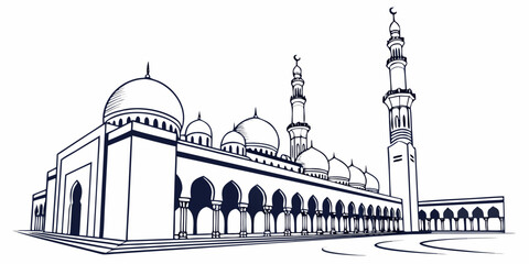 Grand mosque with intricate architecture and minarets in a city setting © Mamun