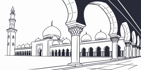 A detailed black and white illustration of a grand mosque with intricate architectural details. © Mamun