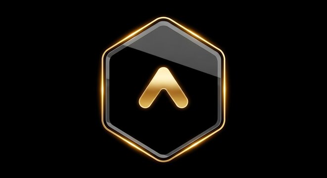 Sleek black hexagonal button with golden arrow pointing up for premium interface design element set