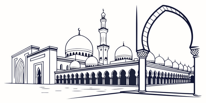 A detailed illustration of a mosque with a large dome and minaret