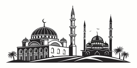 Intricate black and white illustration of a mosque with domes and minarets © Mamun