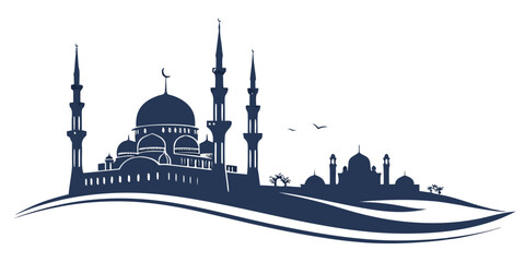 A detailed silhouette of a mosque with minarets and domes against a landscape © Mamun