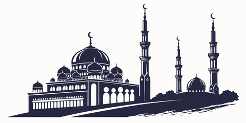 A detailed illustration of a mosque with minarets and domes against a clear sky. © Mamun