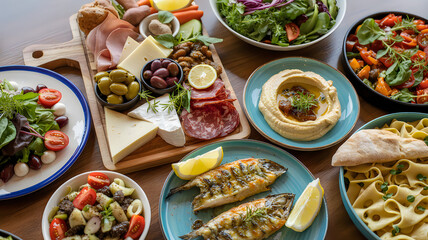 Assorted mediterranean and middle eastern dishes served on colorful plates