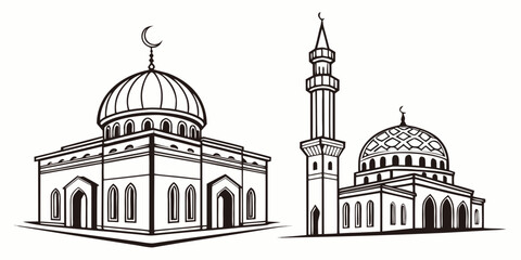 Two intricately designed mosques with domes and minarets illustrated in black and white. © Mamun
