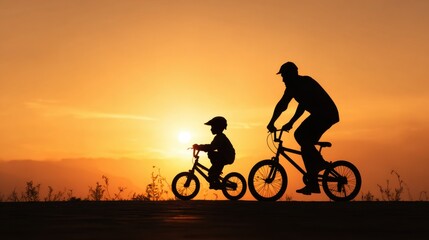 Obraz premium Man and a child are riding bicycles in a field at sunset. The silhouettes of the two people and their bikes create a sense of warmth and nostalgia. The setting sun casts a golden glow over the scene