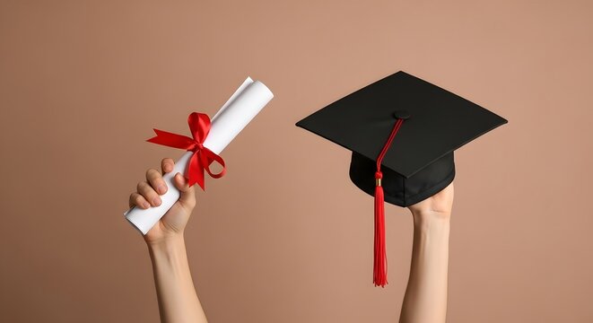 Graduation cap and diploma scroll held up high, symbol of academic achievement, success and education milestone, celebrating accomplishment.