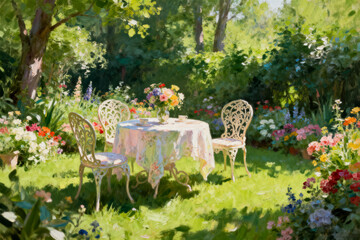 Serene english garden oil painting featuring a sun-drenched lawn with blooming flowers and a romantic outdoor dining table