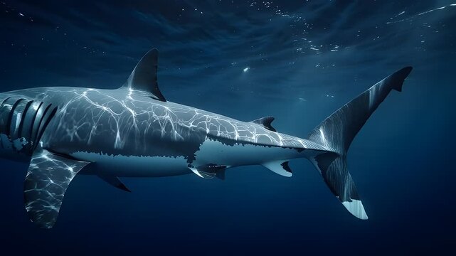 Close-up underwater shot of a shark swimming in dark blue ocean water with sunlight filtering through the surface.