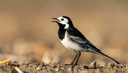 Fototapeta premium Elegant White Wagtail Perched on Ground with Open Beak.