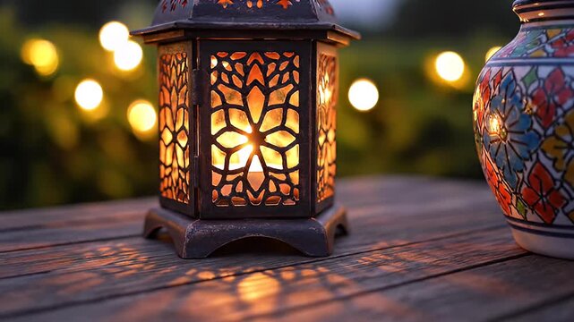 Decorative metal lantern with intricate cutouts glows warmly on a rustic wooden table, casting